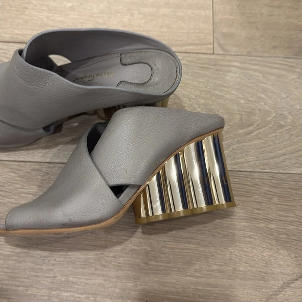 Salvatore Ferragamo Gray and Gold Mules with Sculptural Heel - Picture 9 of 9